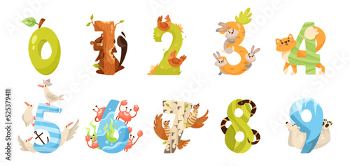 Animal cartoon characters with numbers vector illustrations set. Funny childish drawings of different animals with numbers for children isolated on white background. Education  numbers  math concept