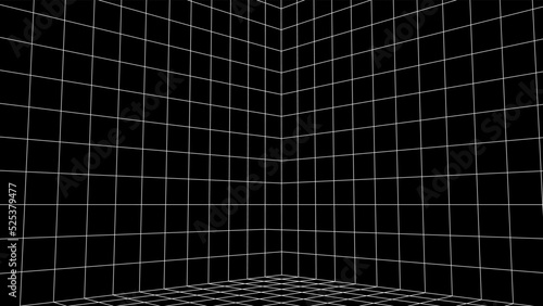 Abstract 80s styled computer background. Sci-fi architecture interior with retro lines. Synthwave or retrowave grid room.