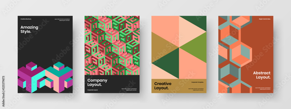 Fototapeta premium Isolated magazine cover A4 vector design concept set. Unique geometric shapes placard illustration composition.