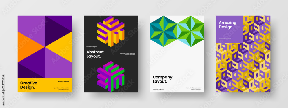 Multicolored book cover A4 design vector template composition. Premium geometric hexagons placard illustration set.