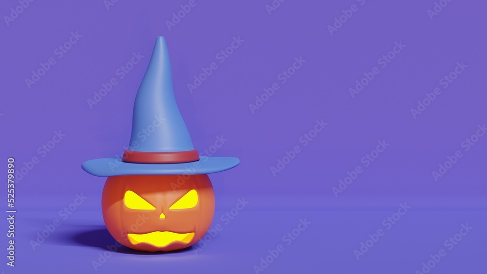 Fototapeta premium Pumpkin with a witch hat. Stylized 3d illustration.
