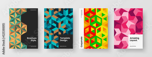 Clean company brochure A4 design vector concept bundle. Simple geometric hexagons corporate cover template composition.