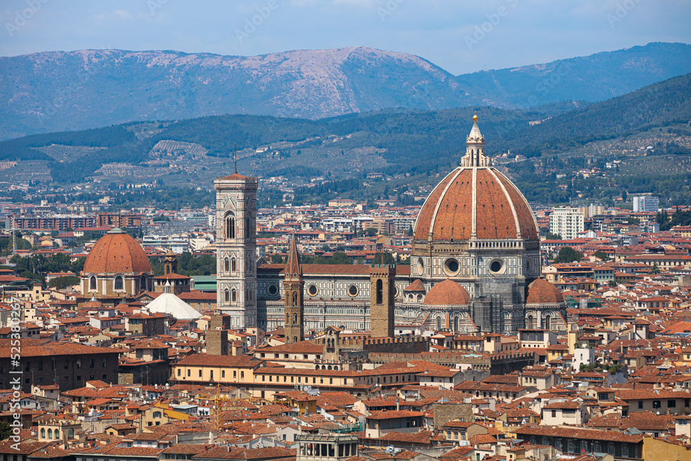Beautiful view of the picturesque city of Florence and the Basilica di Santa Maria del Fiore (Basilica of Saint Mary of the Flower). Florence, Central Italy, Tuscany region