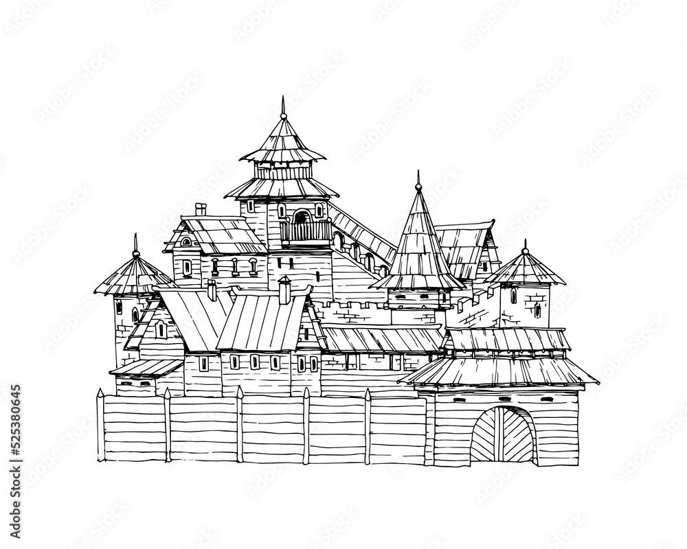 An old Russian wooden city. An ancient fortress. Vector illustration in black ink, isolated on a white background in a doodle and hand drawn style.