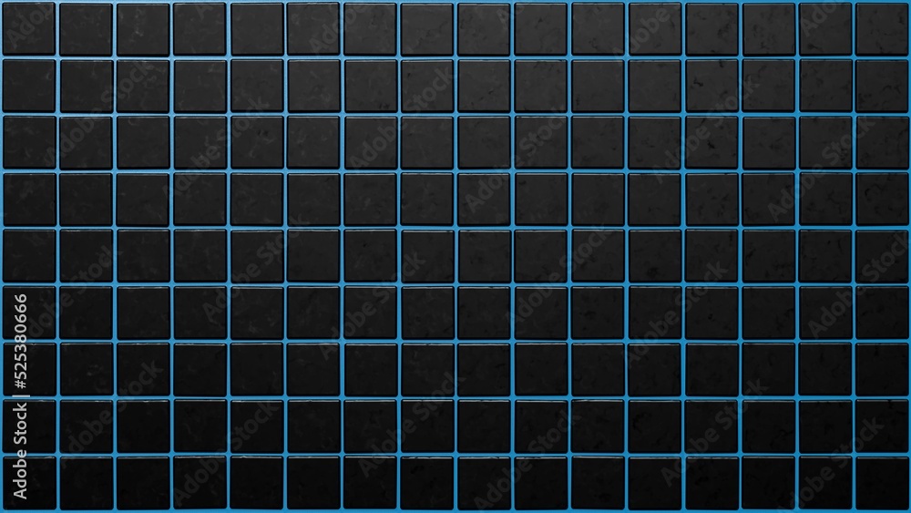 Wand aus kleinen schwarzen Fliesen mit blauen Fugen