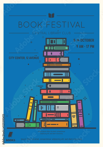 Retro style book reading club poster. Book festival and event poster template. Old style movie placard for book festival with stylish line vector illustration. Big pile of books line style.