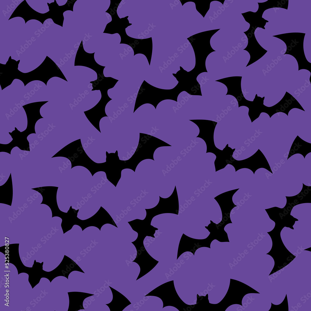Fototapeta premium Vector Halloween seamless pattern with flying black bats on violet background. Scary bats silhouettes, Halloween party or home decoration, textile print.