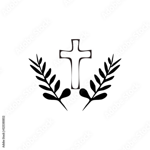 Cross religious Funeral design with branches hand drawn