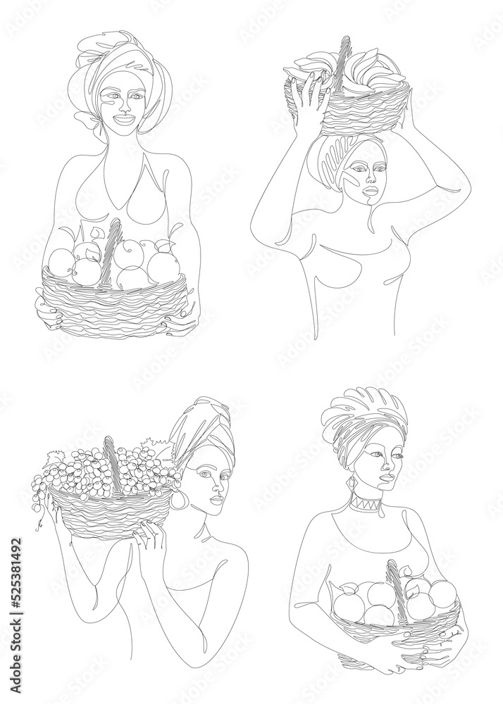 Collection. Silhouettes of a girl in a headscarf. The lady holds in her hands a basket with bananas and apples, grapes, oranges Woman in a modern one line style, contour. Vector illustration, set. Collection. Silhouettes of a girl in a headscarf. The lady holds in her hands a basket with bananas and apples, grapes, oranges Woman in a modern one line style, contour. Vector illustration, set.
