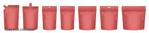 Set of realistic doy pack mockups. Red flow pack, sachet, zip bag and doypack