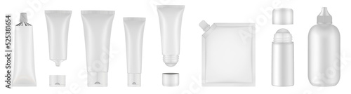 Set of white tubes and bottles. Roller ball tube. Body antiperspirant deodorant roll-on, open and closed blank tubes with screw cap. Realistic mockup. Eye Cream Roll Ball. Applicator. Spouted pouch