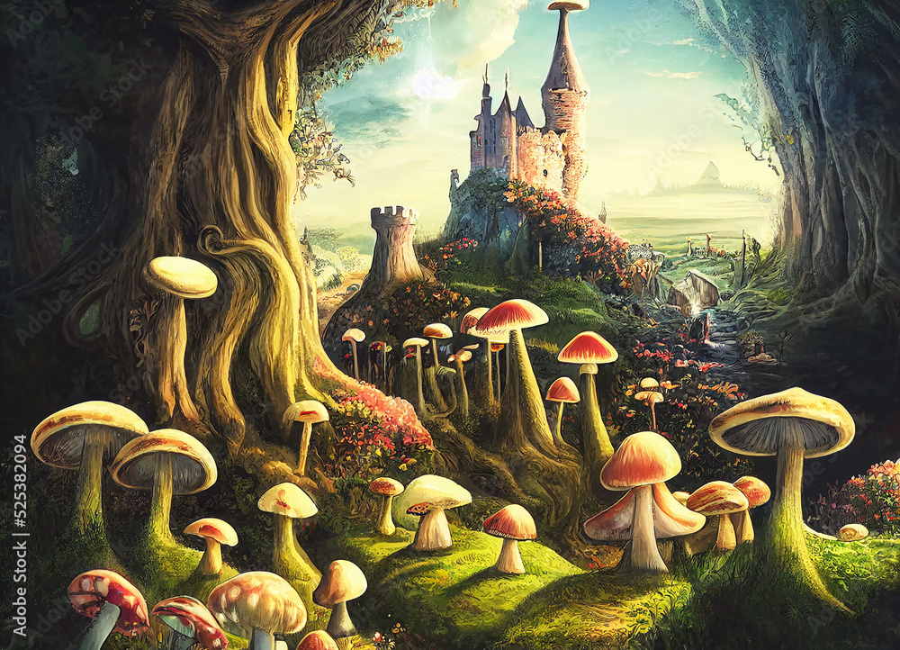 fantastic wonderland landscape with mushrooms, beautiful old castle ...