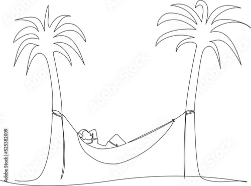 continuous single line drawing of person relaxing in hammock between palm trees, line art vector illustration
