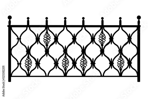 Decorative cast iron wrought fence silhouette with artistic forging isolated on white background. Metal guardrail. Steel modular railing. Vintage gate with swirls. Black forged lattice fence. Vector