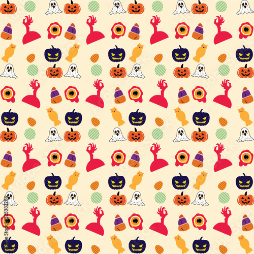 Halloween orange festive seamless pattern. Endless background with pumpkins, skulls, bats, spiders, ghosts, bones, candies, spider web and speech bubble with boo