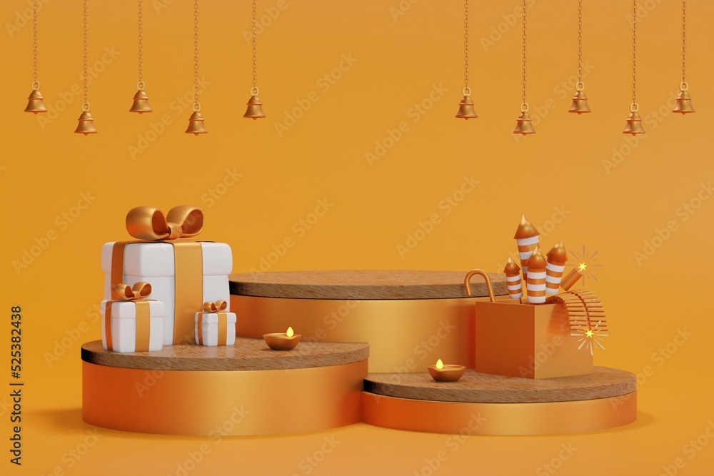 minimal scene, design for Diwali festival product display podium, 3d render with fireworks in yellow background - obrazy, fototapety, plakaty 