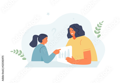 Woman child psychologist is testing a little girl. Diagnosis and preparation for school. Speech therapist. Vector illustration