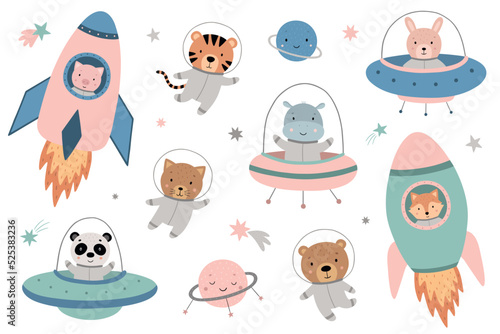 A big space set. Cute hand-drawn animals in spacesuits. The characters fly on cartoon rockets and flying saucers. Vector illustration