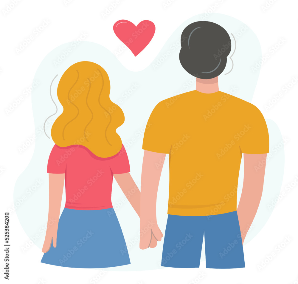 Young man and woman are holding hands. Date of a young couple. Back view. The concept of independence, freedom and the union of people against the enemy. Flat vector illustration on a light background Young man and woman are holding hands. Date of a young couple. Back view. The concept of independence, freedom and the union of people against the enemy. Flat vector illustration on a light background