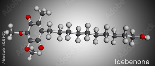 Idebenone molecule. It is antioxidant, ferroptosis inhibitor, synthetic analog of coenzyme Q10. Molecular model. 3D rendering. photo