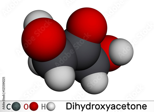 Dihydroxyacetone, DHA, glycerone molecule. It is saccharide, triose, sunscreening agent, component of self-tanning creams. Molecular model. 3D rendering photo