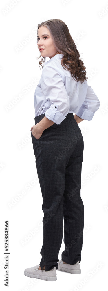 office worker young lady in full-length trousers and white blouse, isolate office worker young lady in full-length trousers and white blouse, isolate