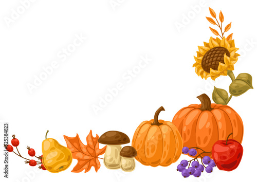 Frame with autumn plants. Harvest illustration of vegetables and leaves.