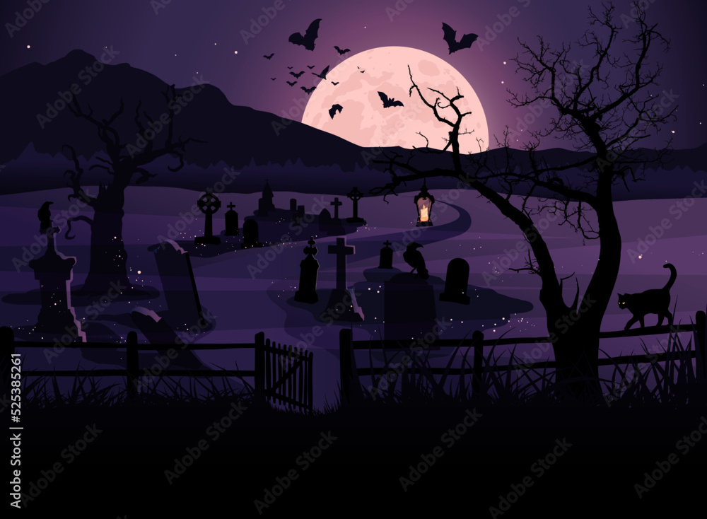 Halloween cemetery night background, banner for greeting card. Moon, bats, scary tree, black cat, crow, tombstones and graves