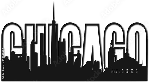 Chicago, Illinois skyline silhouette with the word in Chicago in black outline on white background 
