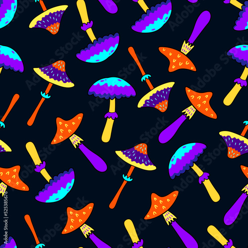 Seamless pattern with trippy psychedelic mushrooms on dark blue background. Decorative trippy Halloween pattern with vibrant psychedelic mushrooms