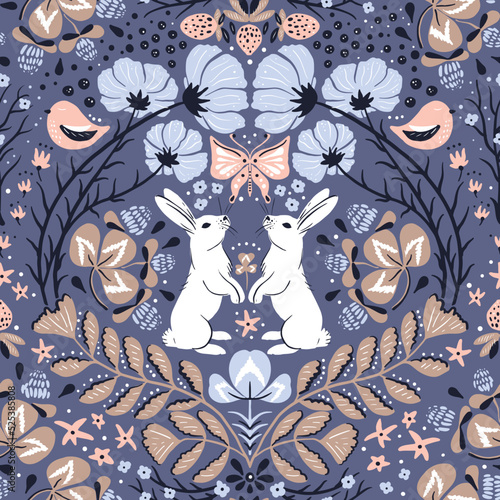 Seamless pattern with blooming cosmea branches, rabbits, berries and birds. Wildlife silhouette, dark floral background. Vector hand drawn illustration, garden in folk - scandinavian style.