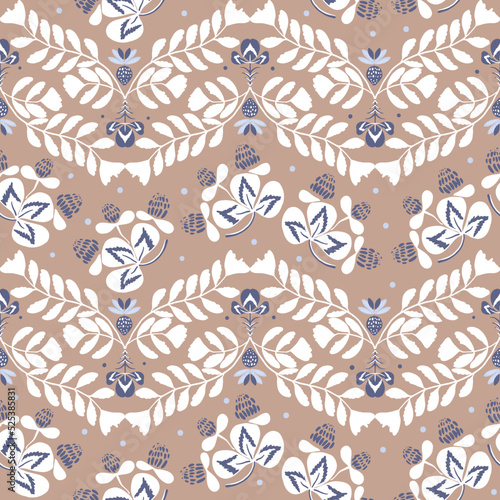 Seamless pattern with fern branches, clovers and berries. Vector hand drawn illustration, garden in folk - scandinavian style.