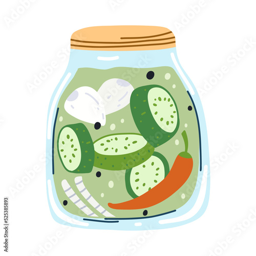 Home made cucumber pickles or vegetable marrow with with garlic, onion and hot pepper, canned vegetables in cartoon hand drawn flat style. Vector illustration of glass jar with preserved food