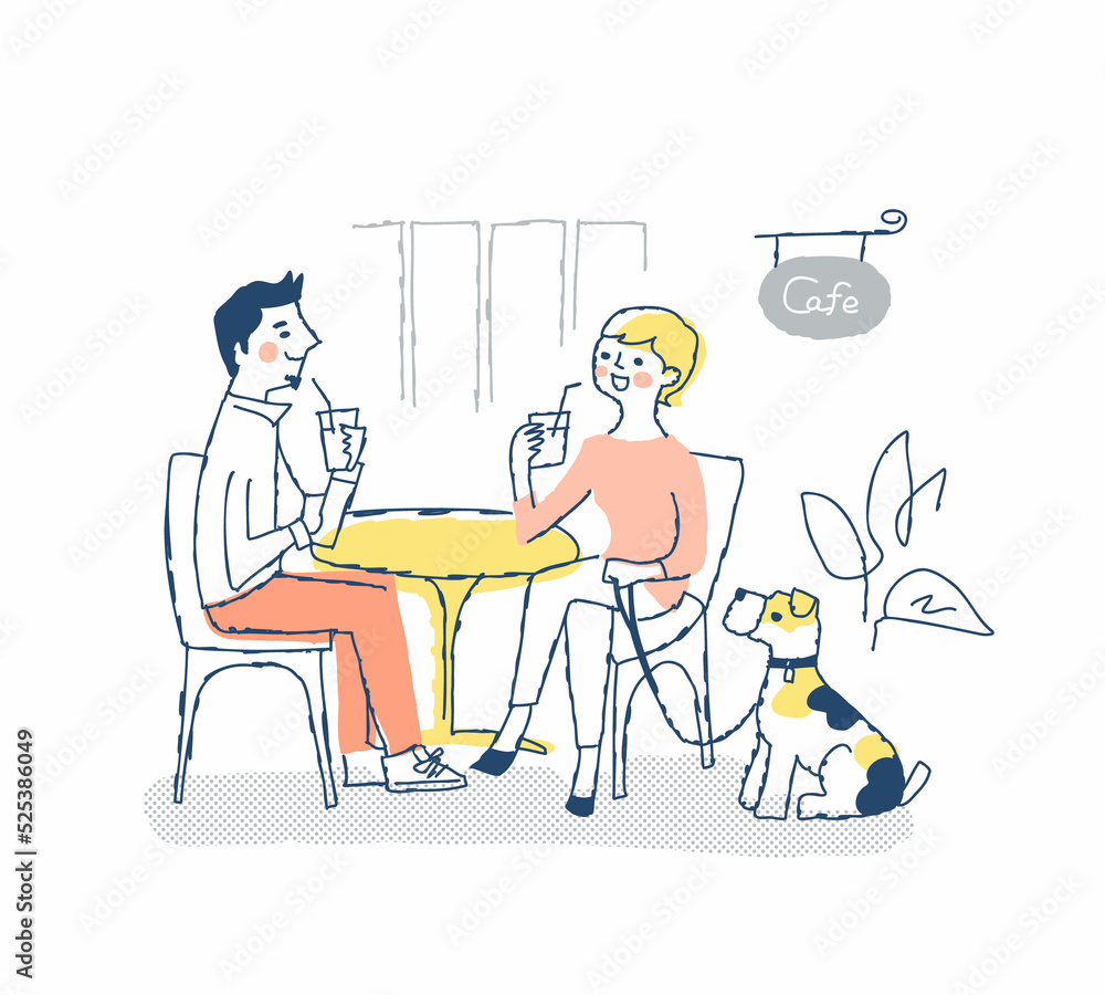 カフェでくつろぐカップルと犬 カフェでくつろぐカップルと犬