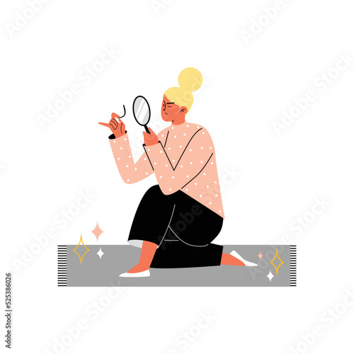 Concentrated blonde woman examines details through magnifying glass flat style