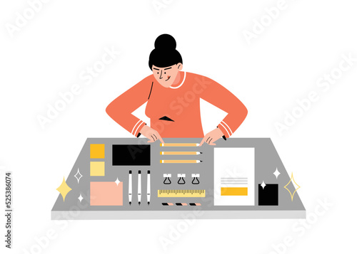 Perfectionist arranges items on table in order flat vector illustration isolated.