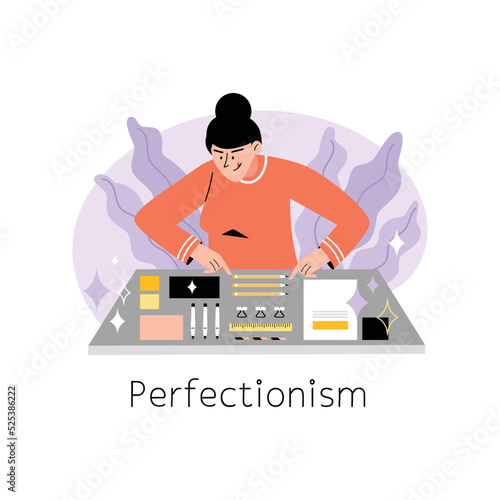 Perfectionist woman with OCD arranges items on the table, flat vector illustration isolated on white background.