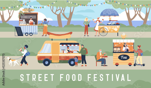 Street food festival, people walking in park and eating hot dogs and ice cream