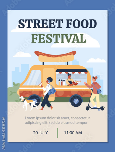 Street food festival invitation poster, people buying hot dogs at food truck, flat vector illustration.