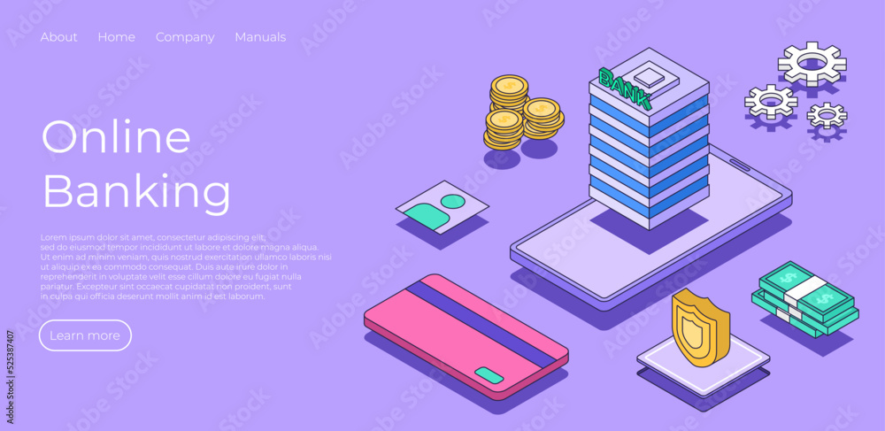 Online banking isometric landing page. Phone with bank building on screen. Credit card, money, coin and save symbol. Online money concept. Vector illustration concept