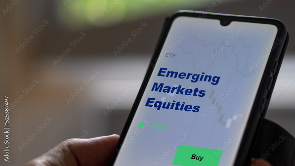 An investor's analyzing the emerging markets equities etf fund on screen. A phone shows the ETF's prices BRIC BRICS equity to invest An investor's analyzing the emerging markets equities etf fund on screen. A phone shows the ETF's prices BRIC BRICS equity to invest