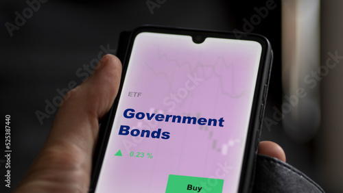 An investor's analyzing the government bonds etf fund on screen. A phone shows the ETF's prices gov bond to invest