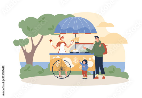 Ice cream van or truck in park with people buying food, flat vector isolated.