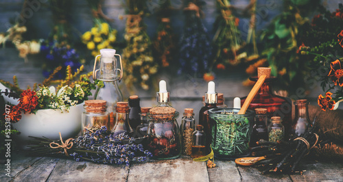 Medicinal herbs and tinctures homeopathy. Selective focus.