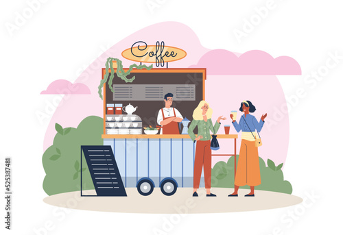 Coffee stall on wheels at street food festival, women drink coffee and chat, flat vector illustration on white.