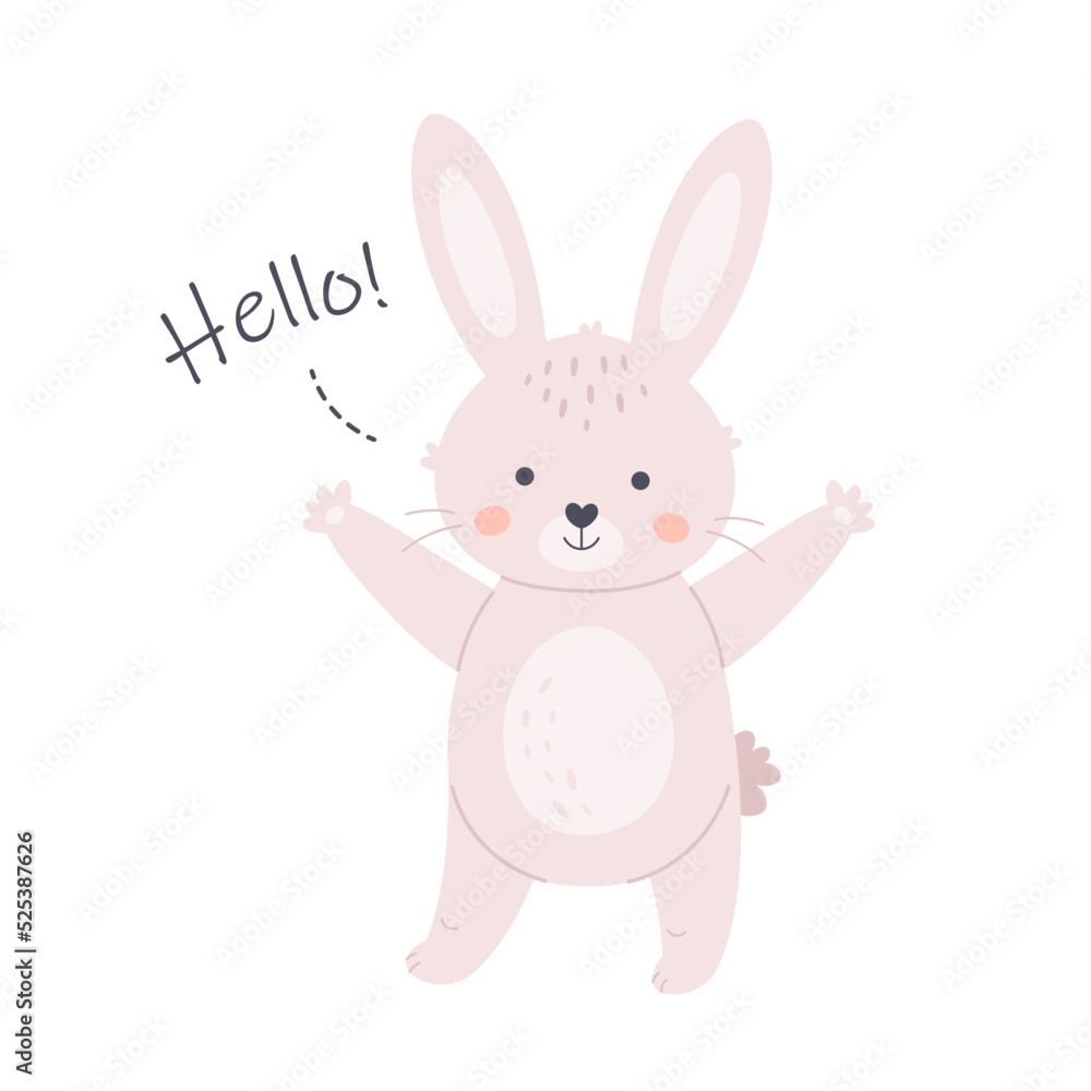 Fototapeta premium Cute white bunny saying Hello. Greeting card. Cute animals. Hand drawn vector illustration