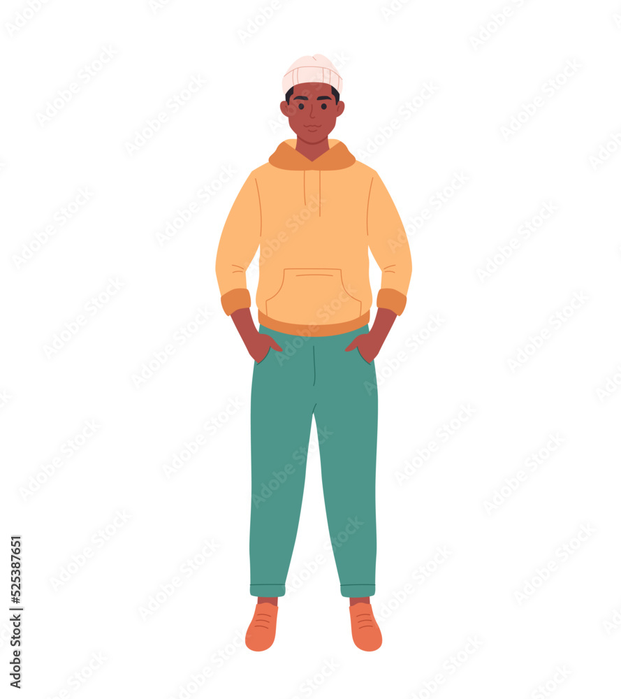 Modern young black man in casual outfit. Stylish fashionable look. Hand drawn vector illustration