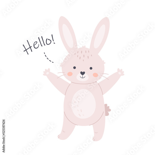 Cute white bunny saying Hello. Greeting card. Cute animals. Hand drawn vector illustration © Amahce