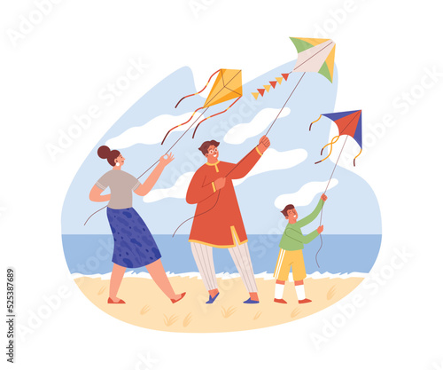 Banner with family playing kites on seacoast, flat vector illustration isolated.
