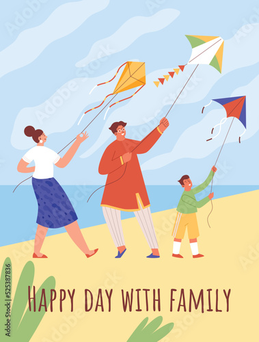 Happy family spending day together and flying kite by the sea, poster template, flat vector illustration.